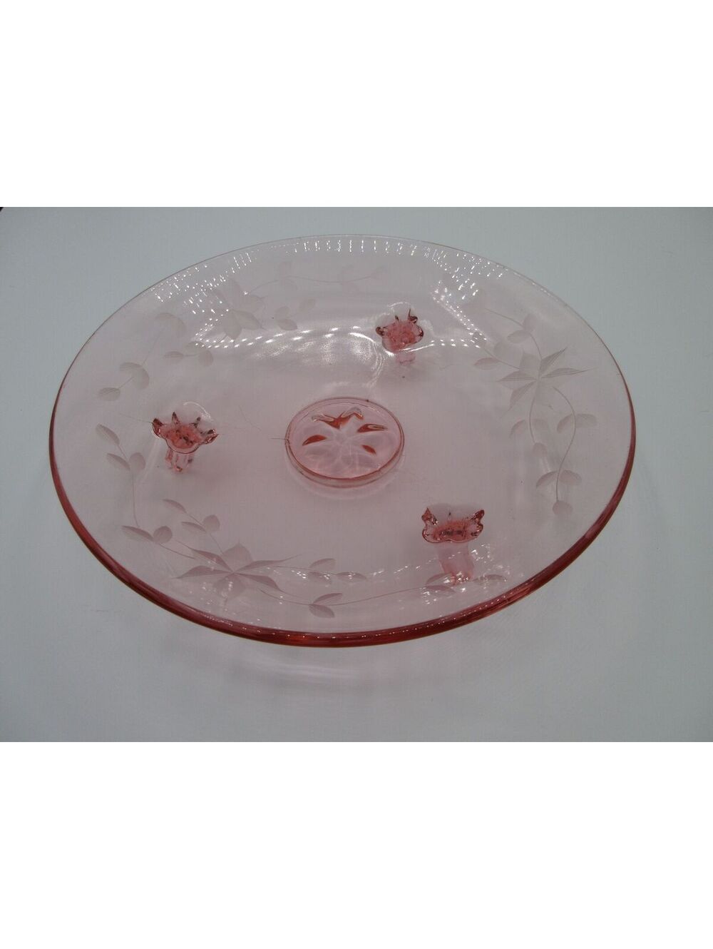 37. Vintage Pink Depression Glass Etched Floral Footed Bowl